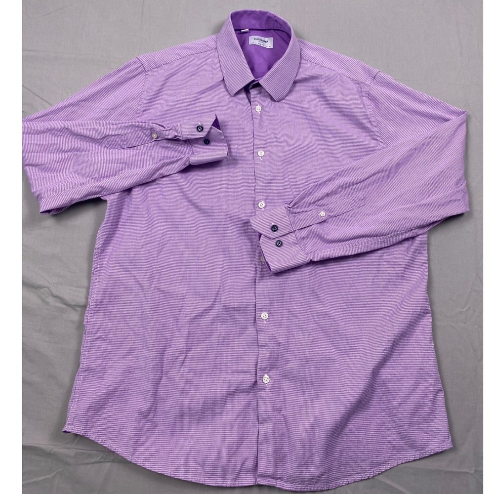 Duchamp London Slim Fit Dress Shirt Mens 17.5 XL Purple Micro Houndstooth Cotton